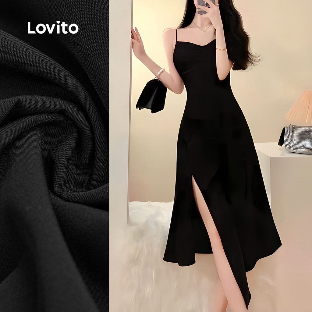 (NEW) Lovito Vestido Glamouroso de Estrutura Linha Dividida Assimétrica Primavera/verão Preto L155AD279
