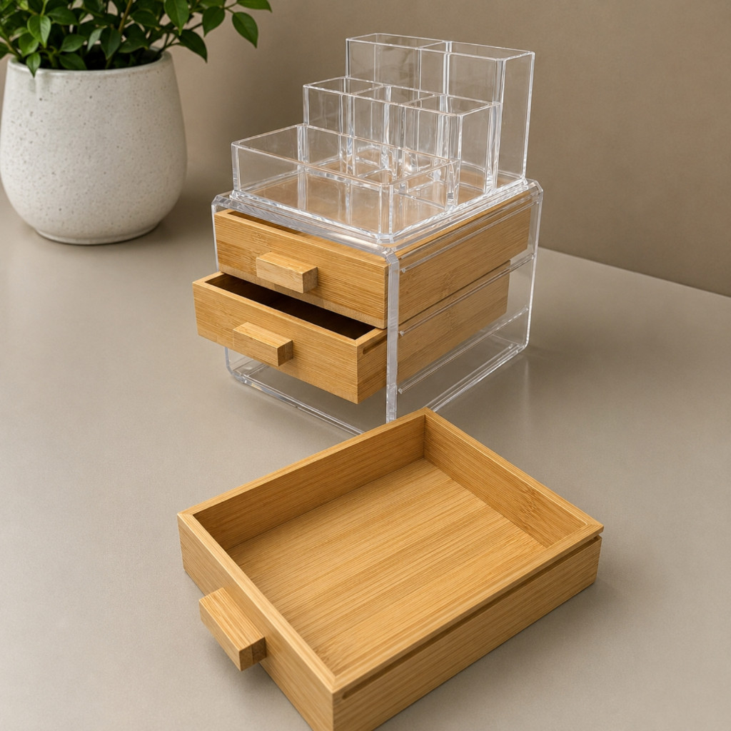Kit Organizador Maquiagem e Joias com Gavetas Bambu