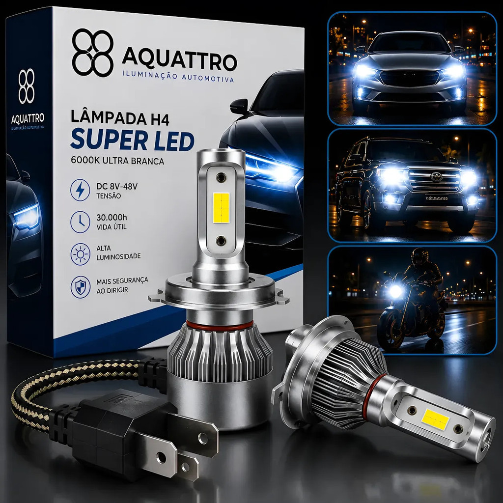 Lampada H4 Super Led 6000k Ultra Branca Par Farol Carro Moto