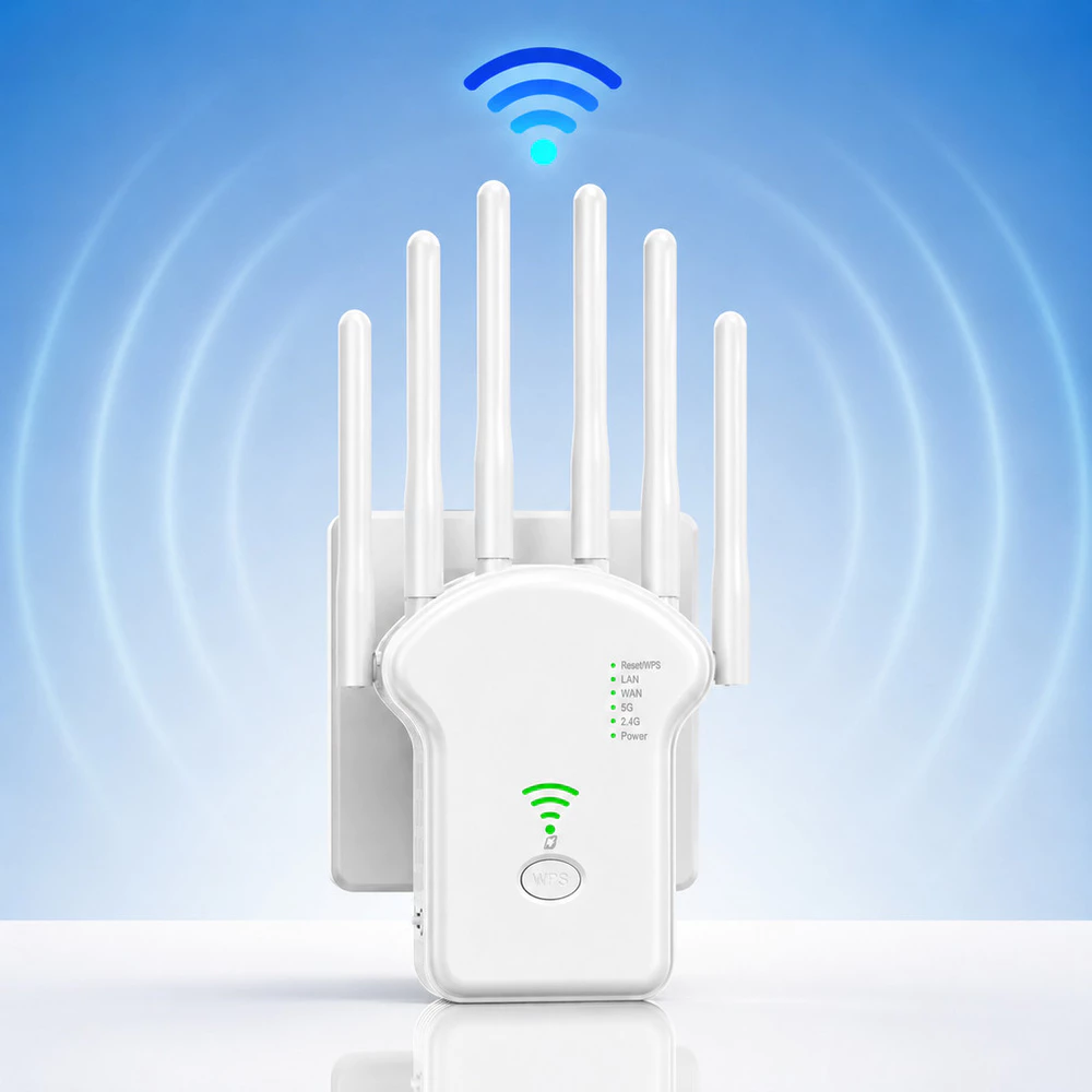 Repetidor de Sinal WiFi 300+800Mbps 6 Antenas Dual Band com Porta Ethernet RJ45 WPS