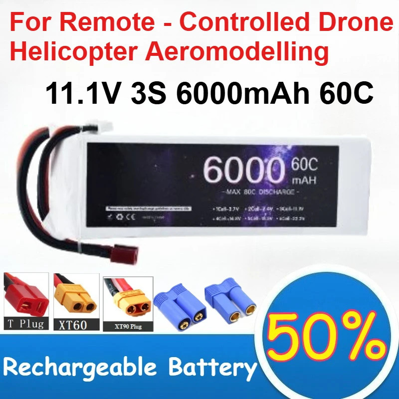Bateria De Polímero De Lítio 11.1V 3S 6000mAh 60C Para Recarregável De Aeromodelagem De Helicóptero Drone Com Controle R