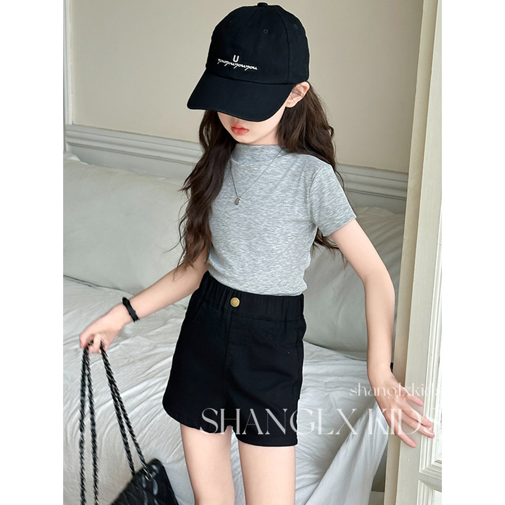 Meninas roupas de verão 2026 novo estilo ternos meninas cinza topos Shorts roupas de verão na moda legal Wear médio gran