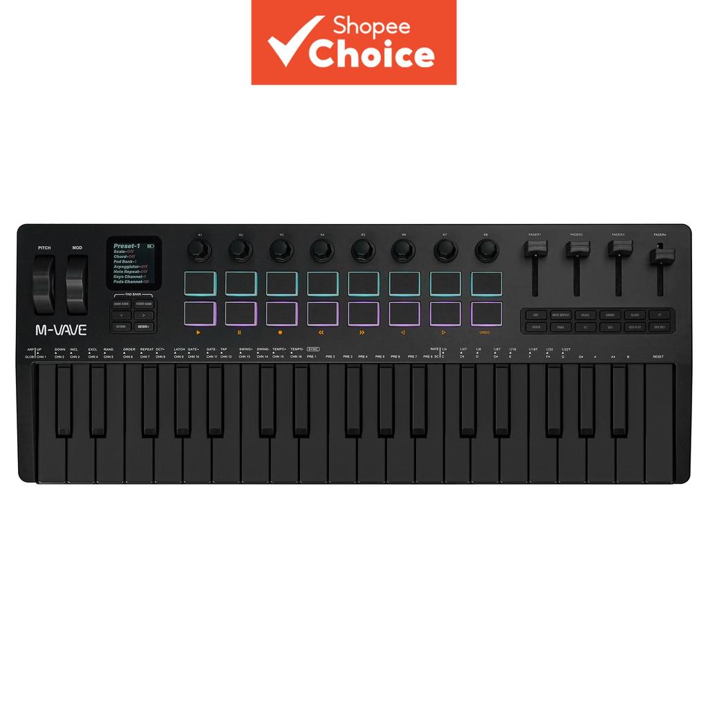 M-Vave SMK-37 PRO Teclado MIDI portátil 37 teclas, 16 pads RGB, 4 faders, 8 encoders, motor de sintetizador FM DX-7