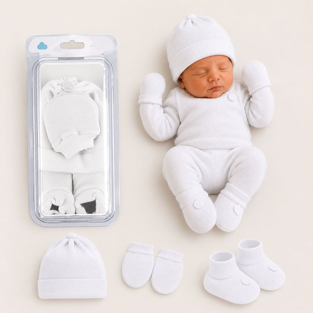 KIT BEBÊ GORRO LUVA SAPATINHO TOUCA RN UNISSEX PIMPOLHO BRANCO
