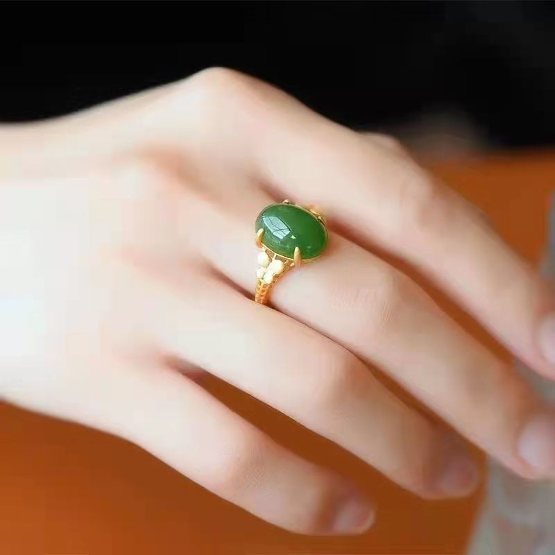 Feminino Hetian Jade Jasper borboleta anel sol verde cor cheia rechonchudo redondo S925 banhado a prata oco esmeralda an