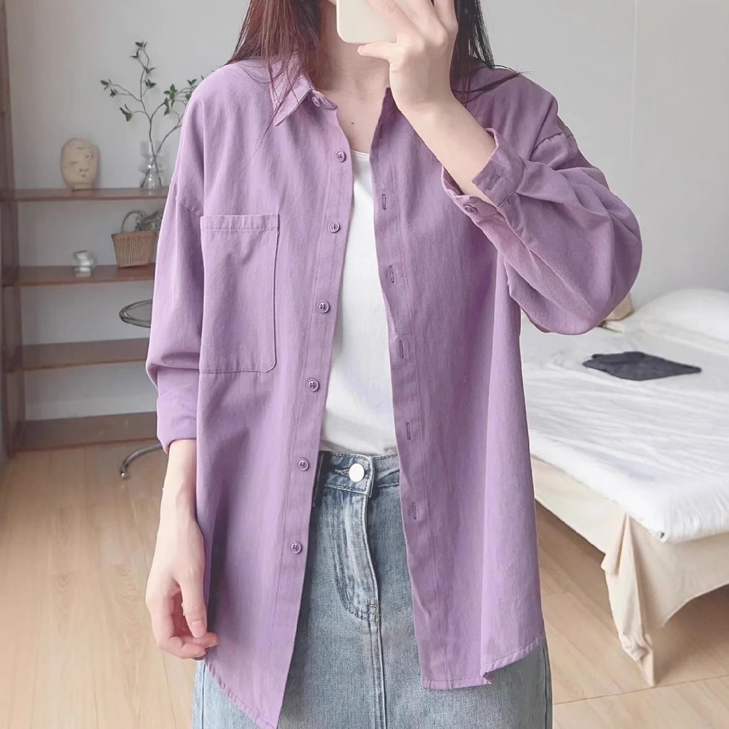 [Camisa Taro Roxa] Senhoras Verão Novo Estilo Coreano Estilo Preguiçoso Textura Roxa Solta Mais Magro Look Protetor Sola