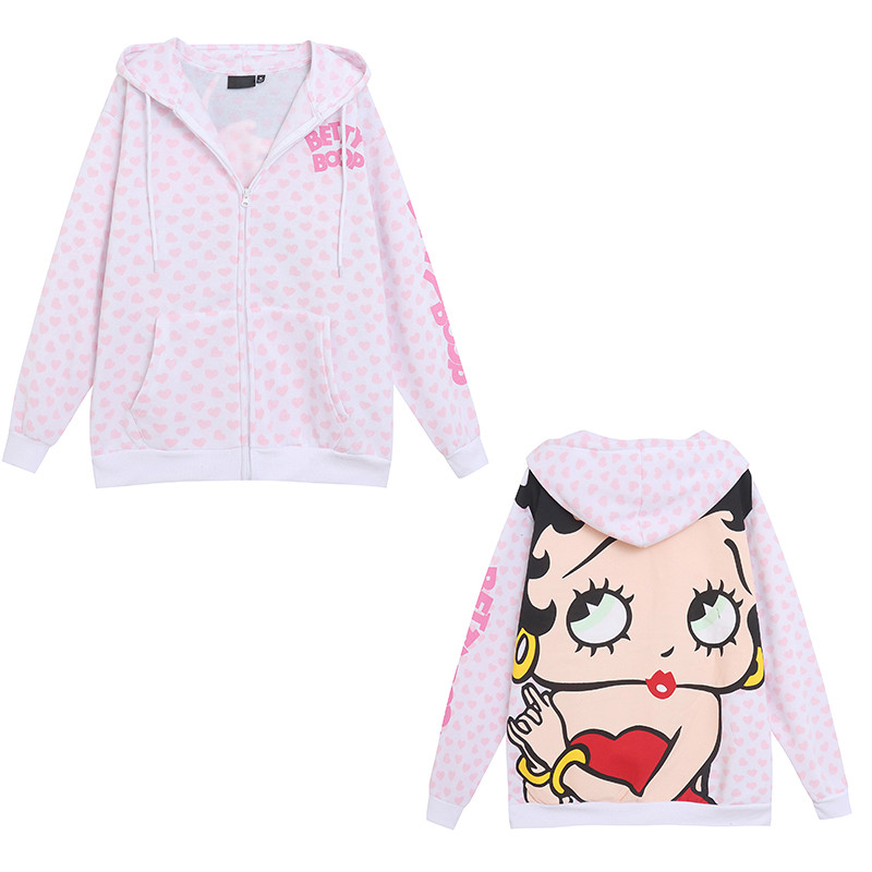Comércio exterior primavera outono carta dos desenhos animados impresso moletom com capuz feminino solto zíper Cardigan 