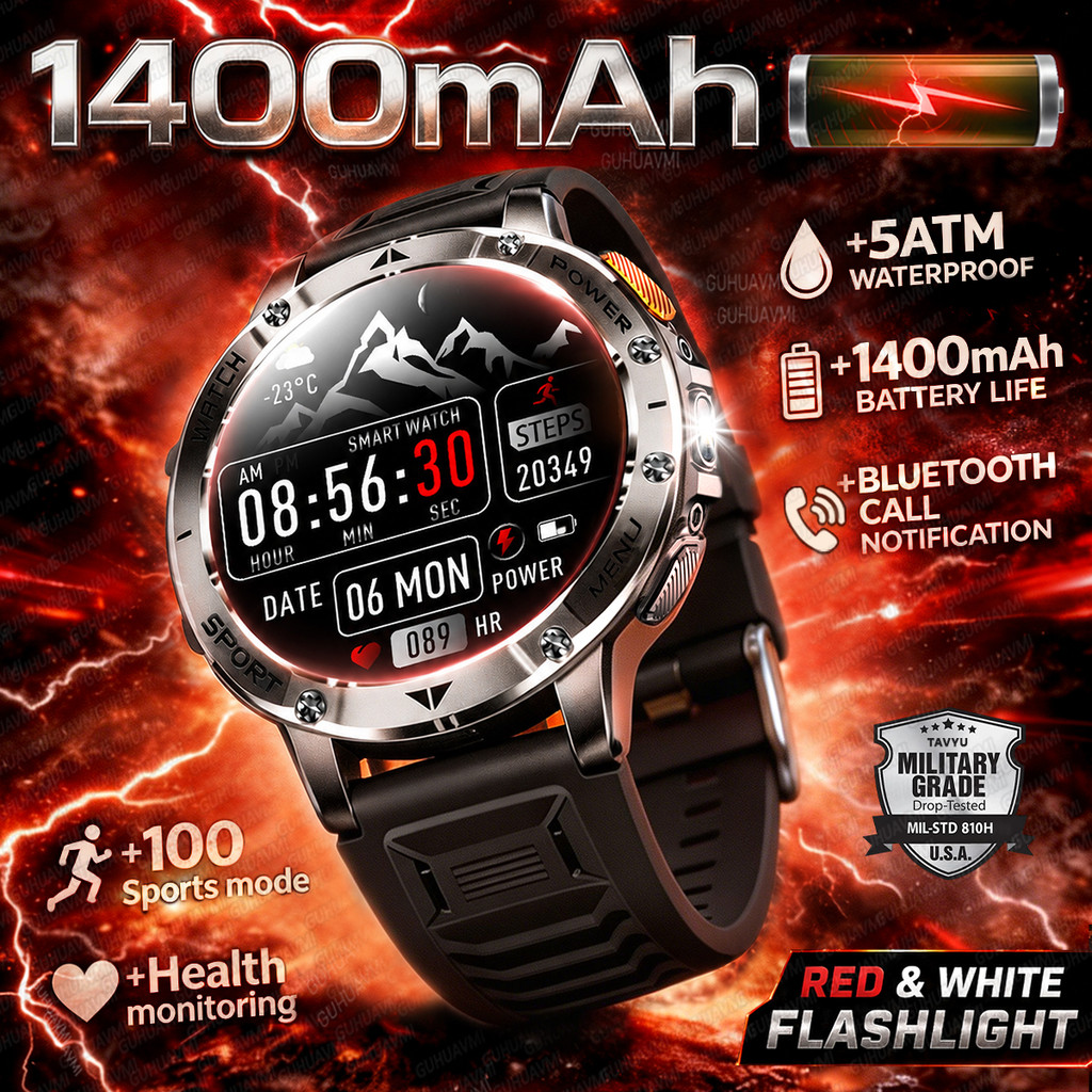 2026 Novo 1400mAh Militar GPS Rastreador Esportes Smartwatch Relógio Inteligente Masculino Lanterna Forte Tela AMOLED 5A