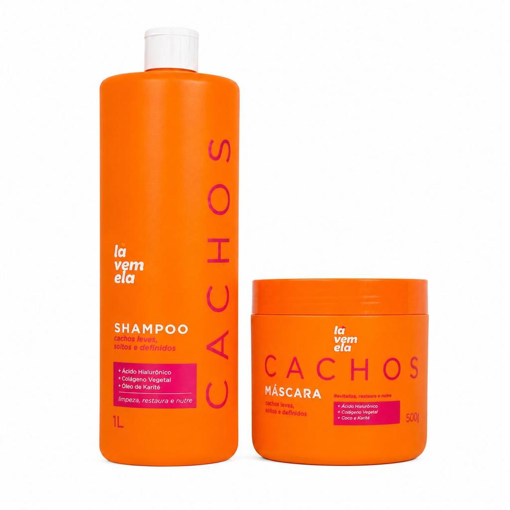 Kit Tratamento Capilar Cachos Lá Vem Ela Shampoo 1L Máscara Condicionante 500g Cabelos Maravilhosos