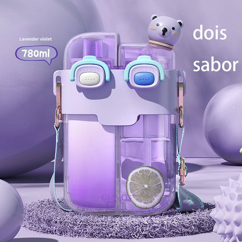 Garrafa de água dupla plana Kawaii para meninas, crianças, fofas, plásticas, Tritan, garrafa dupla com alça, filtro