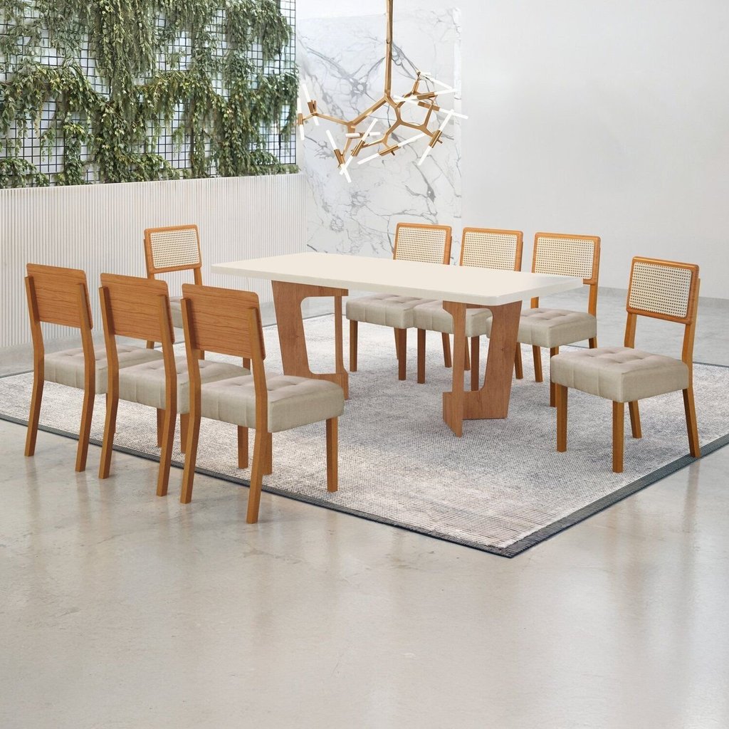 Conjunto Sala de Jantar Mesa 180cm com 8 Cadeiras Liz Bege/Cinamomo/Off White Cinamomo/Off White/Bege
