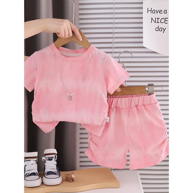 Meninas verão estilo ocidental colar de duas peças terno bebê verão moda diamante de manga curta crianças gradiente bebê