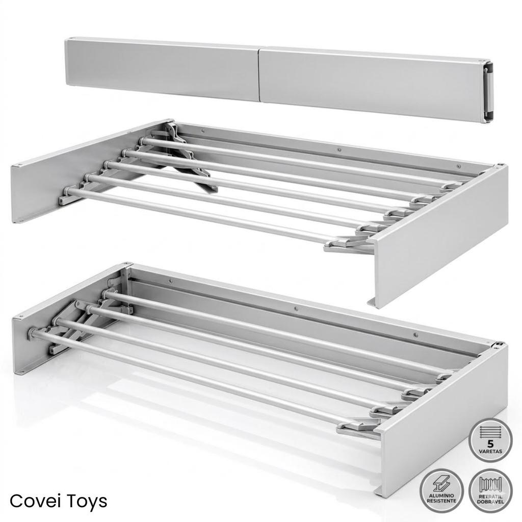 Varal De Parede Retrátil Dobrável 5 Varetas Branco Compacto Resistente Lavanderia Apartamento