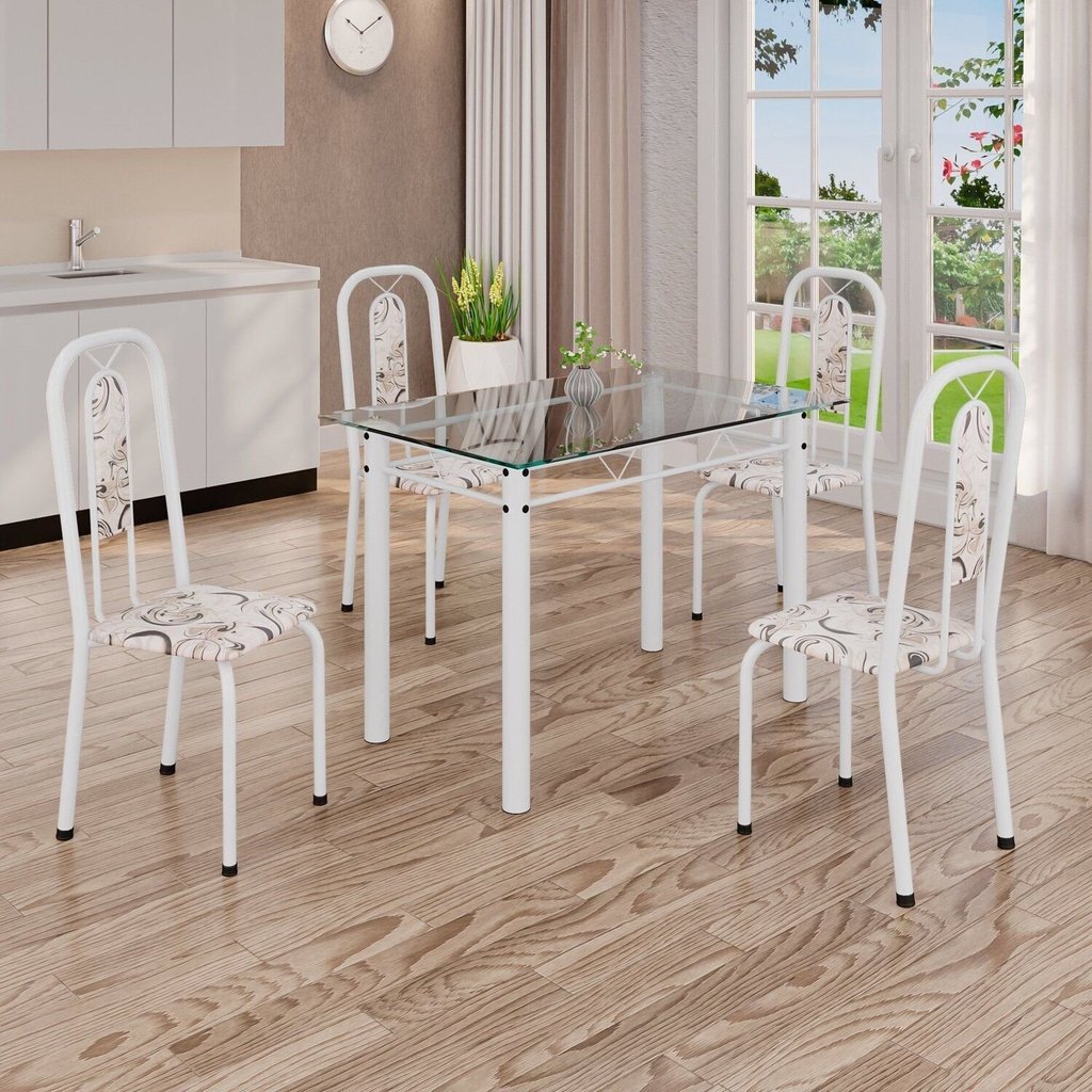 Conjunto de Mesa Tubular com 4 Cadeiras Lívia Branco/Arabesco