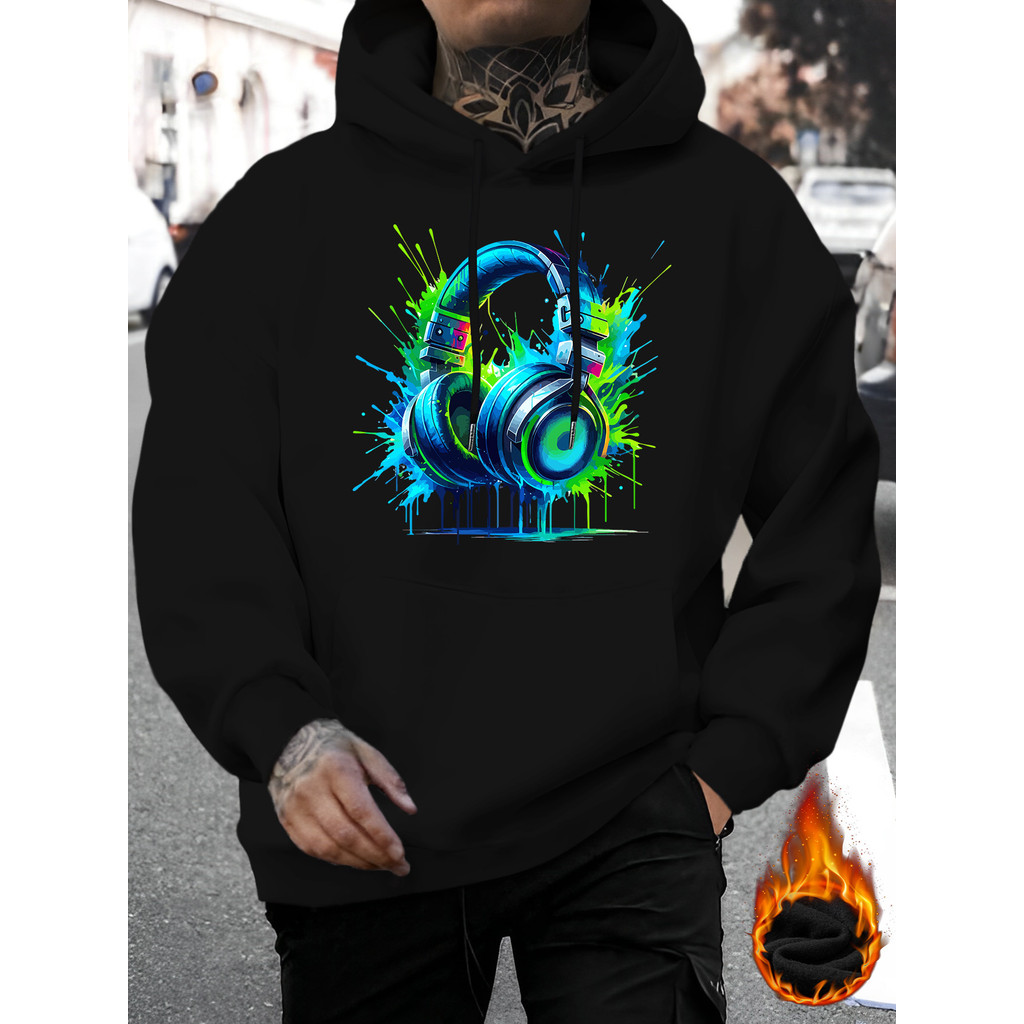 Moletom Masculino Fone Colorido 3D Casual Moleton com Capuz e Cordão Manga Comprida Bolso Confortável
