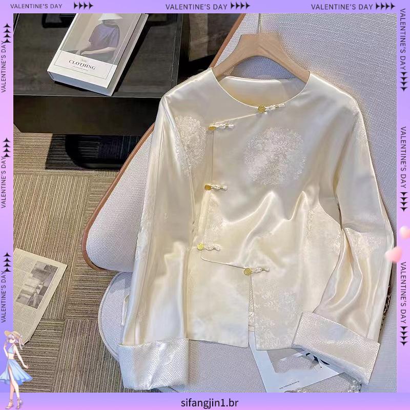 Novo Estilo Vintage Botão-Up Rosa Cetim Jacquard Blusa Feminina Assimétrica Tradicional Topo