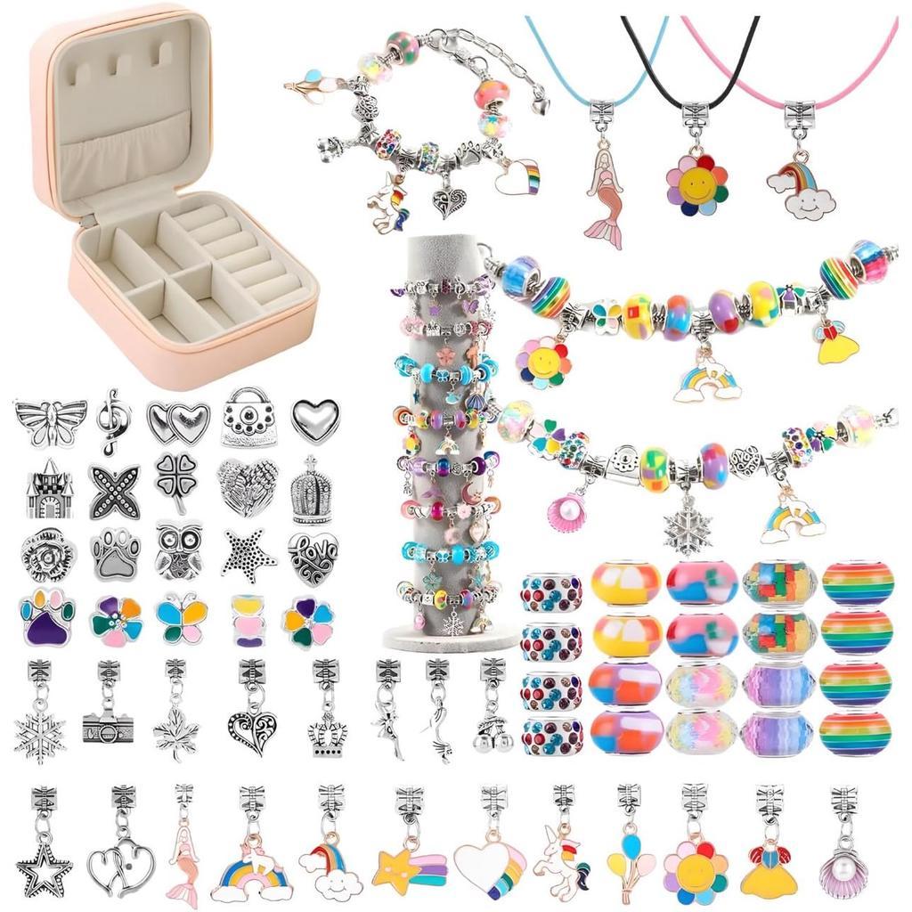 Detalhes do Kit Pulseira E Berloques Diy 66 Peças Com Porta Joias E Sacola Presenteável