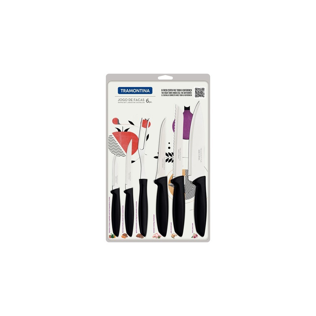 Jogo Facas Tramontina Plenus 6 Peças Aço Inox Cabo Plástico Chef Pão Churrasco Cozinha