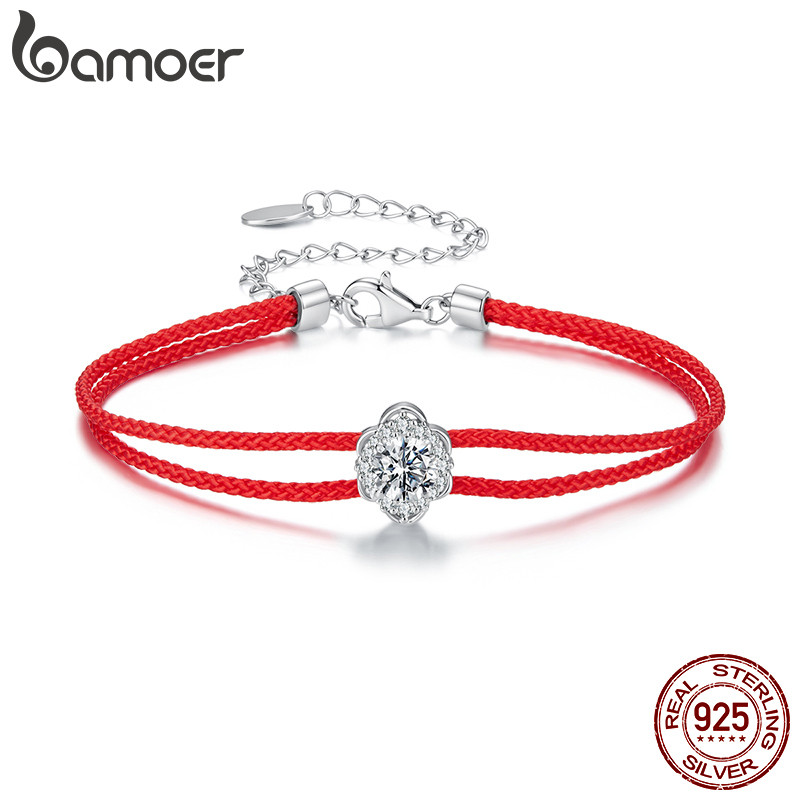 Pulseira De Moissanite De Prata Esterlina 925 Bamoer Tecido Vermelho Com Joias De Certificado Para Presente Feminino