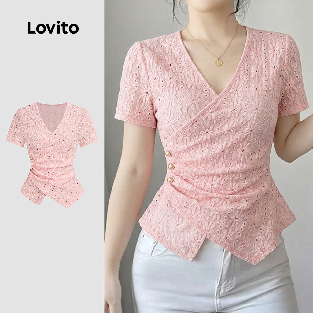 Lovito Camiseta Casual Pérolas Plissada Botão Primavera/verão Rosa Camiseta para