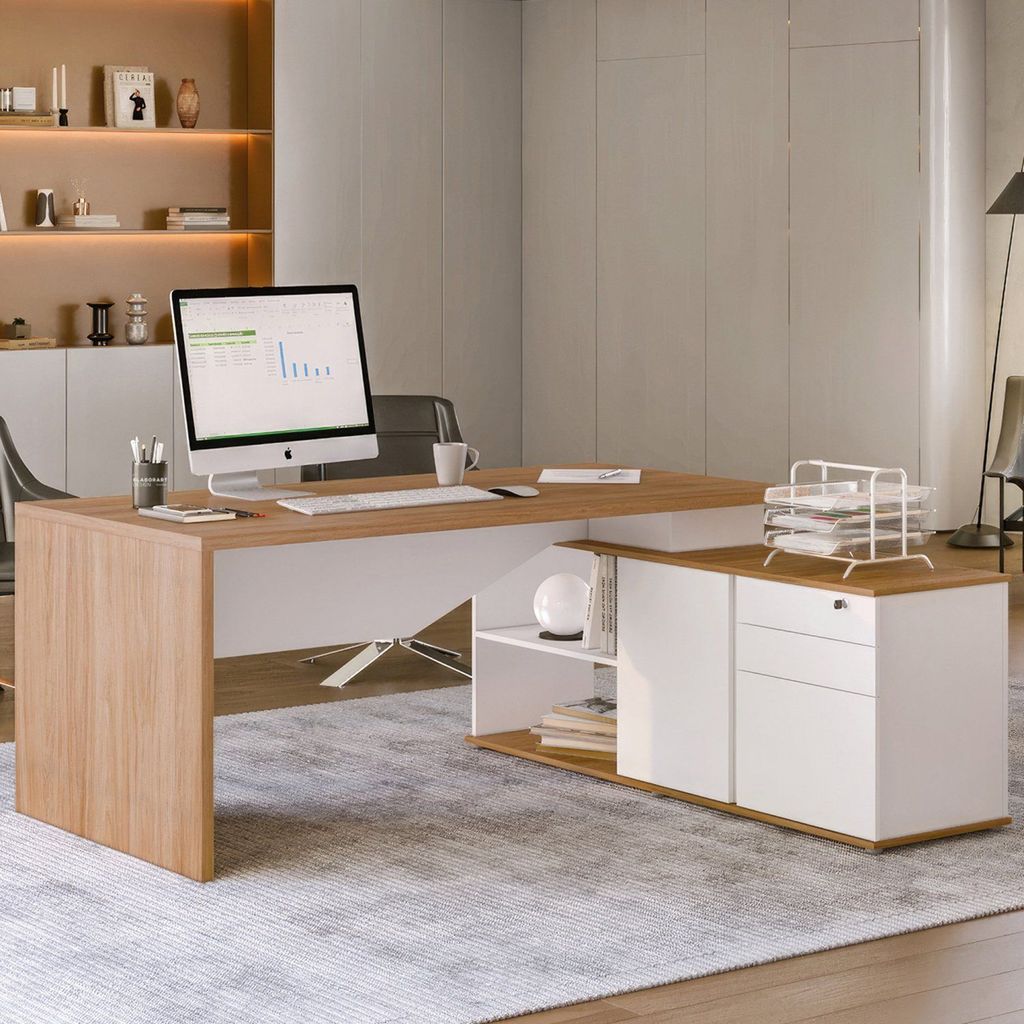 Escrivaninha Mesa Escritório Diretor em L Spring 3 Gavetas 1 Porta 180cm Yescasa Itapuã e Branco Itapuã/Branco