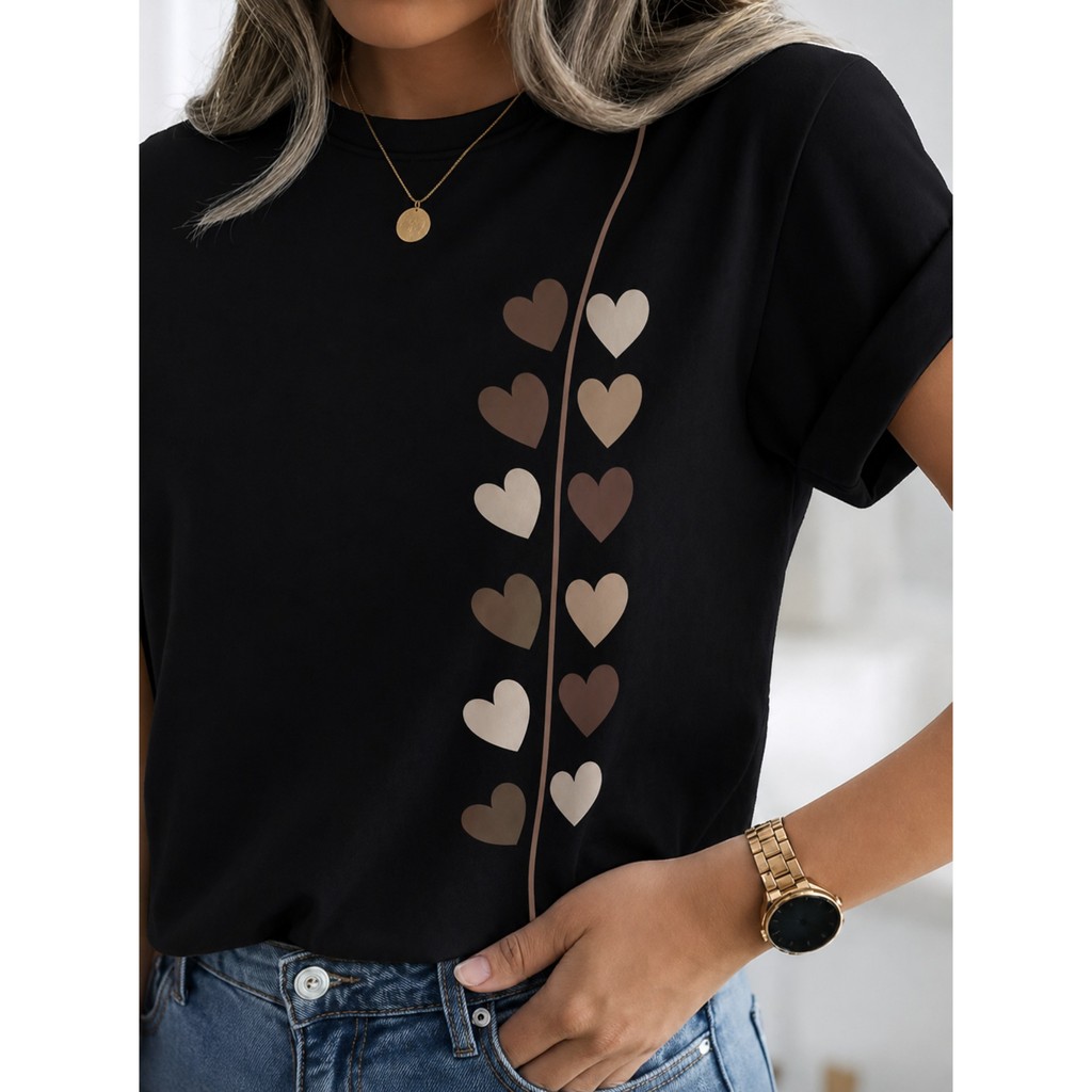 Camisa Feminina Delicada Estampada Coração 100% Algodão Camiseta Moda Verão Todas Ocasiões Tecido Leve Confortável