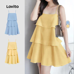 Lovito Casual Vestido Em Camadas Com Alças Ajustáveis Zíper Primavera/Verão Regata Amarelo Para Mulheres L177ED041