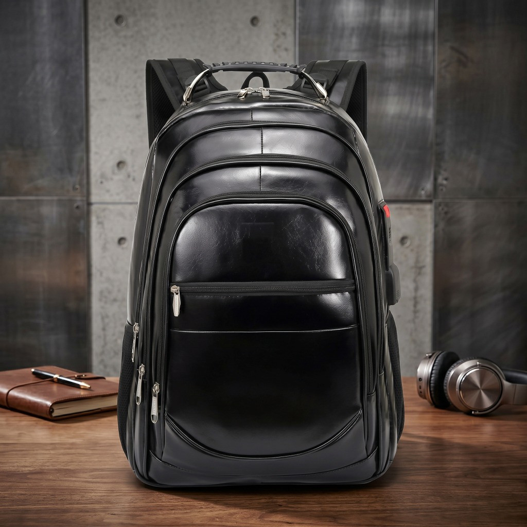 Mochila de Couro Grande Preta Resistente com Porta USB e Compartimento para Notebook