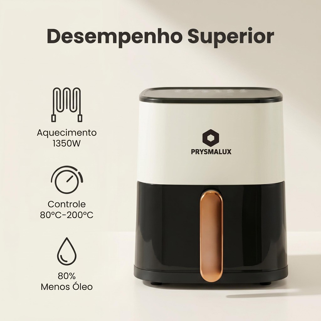 Fritadeira Air Fryer PRYSMALUX 5.5L Visível 1350W, 80% Menos Óleo Temperatura Ajustável 80℃-200℃ Cozinha Rápida Saudável