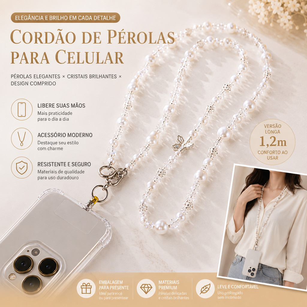 Cordão para Celular com Pérolas e Cristais 1,2m | Colar Elegante para Smartphone, Alça de Pescoço Feminina
