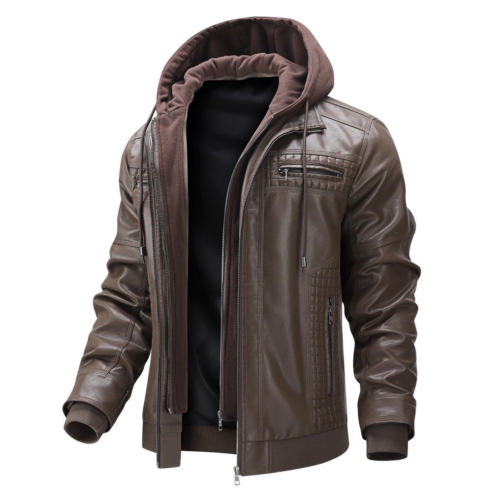 Homens Destacável Com Capuz Jaqueta De Couro Do Plutônio Falso Duas Peças Grade Emboss Moto Casaco Zip Completo Casual V