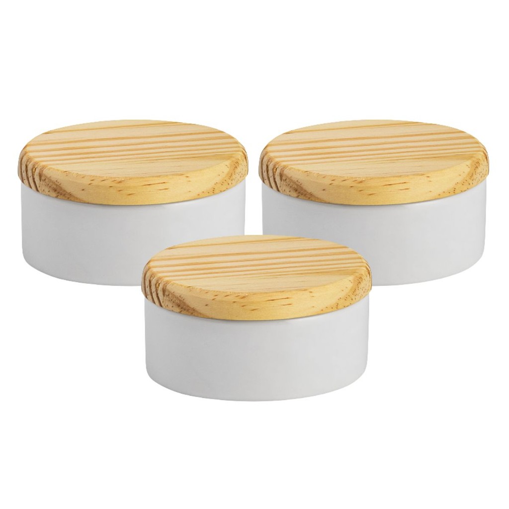 Kit 80 porta joia de porcelana com tampa de madeira pinus potinho de louça 8,5cm