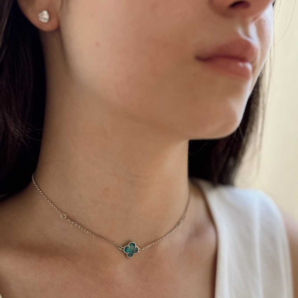 Conjunto Colar Trevo e Brinco Folheado Prata 925 Semijoia