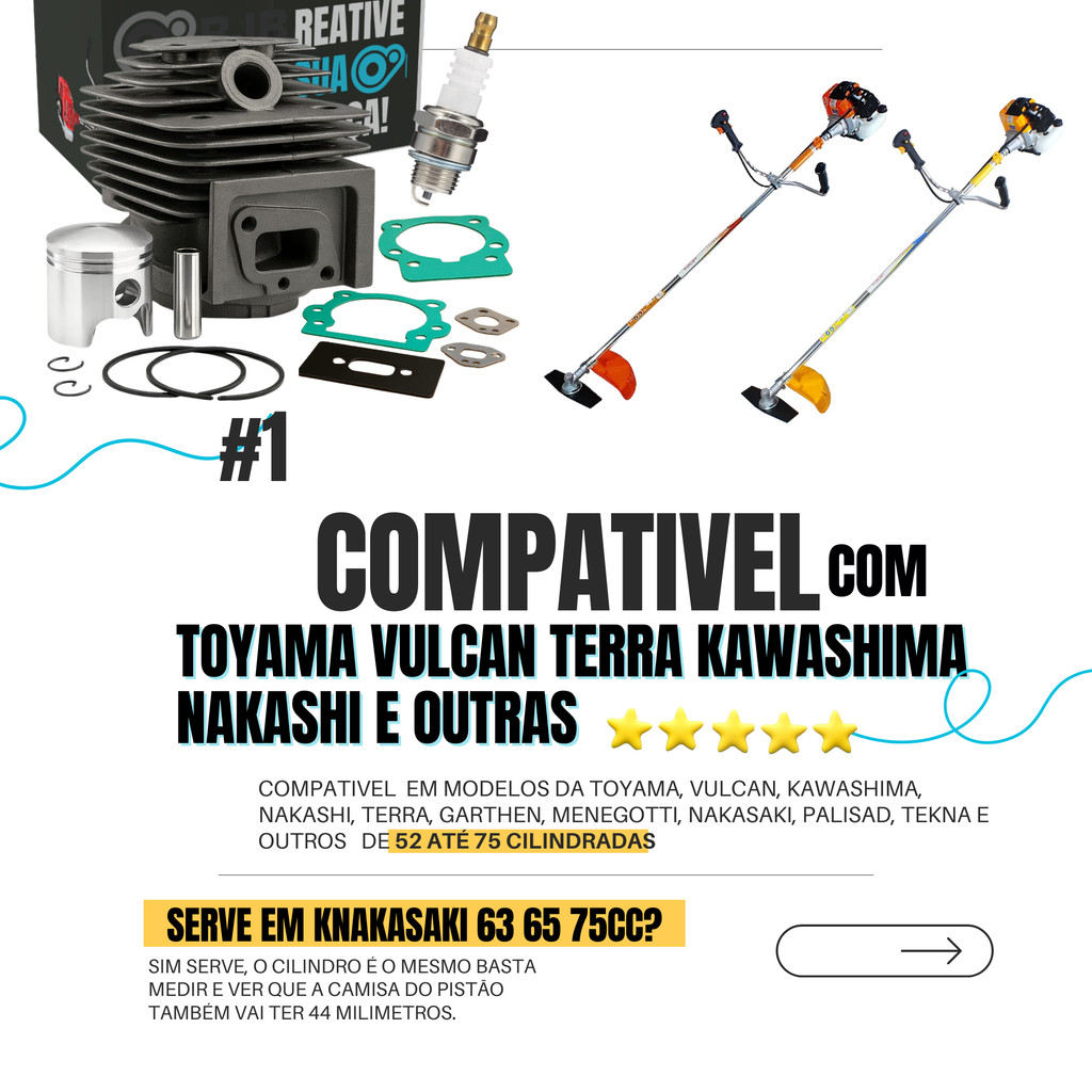 KIT CILINDRO PISTÃO E ANÉIS + JUNTA + VELA PARA ROÇADEIRA 52CC COM 44MM Compatível Toyama, Vulcan, Garthen Nakasaki