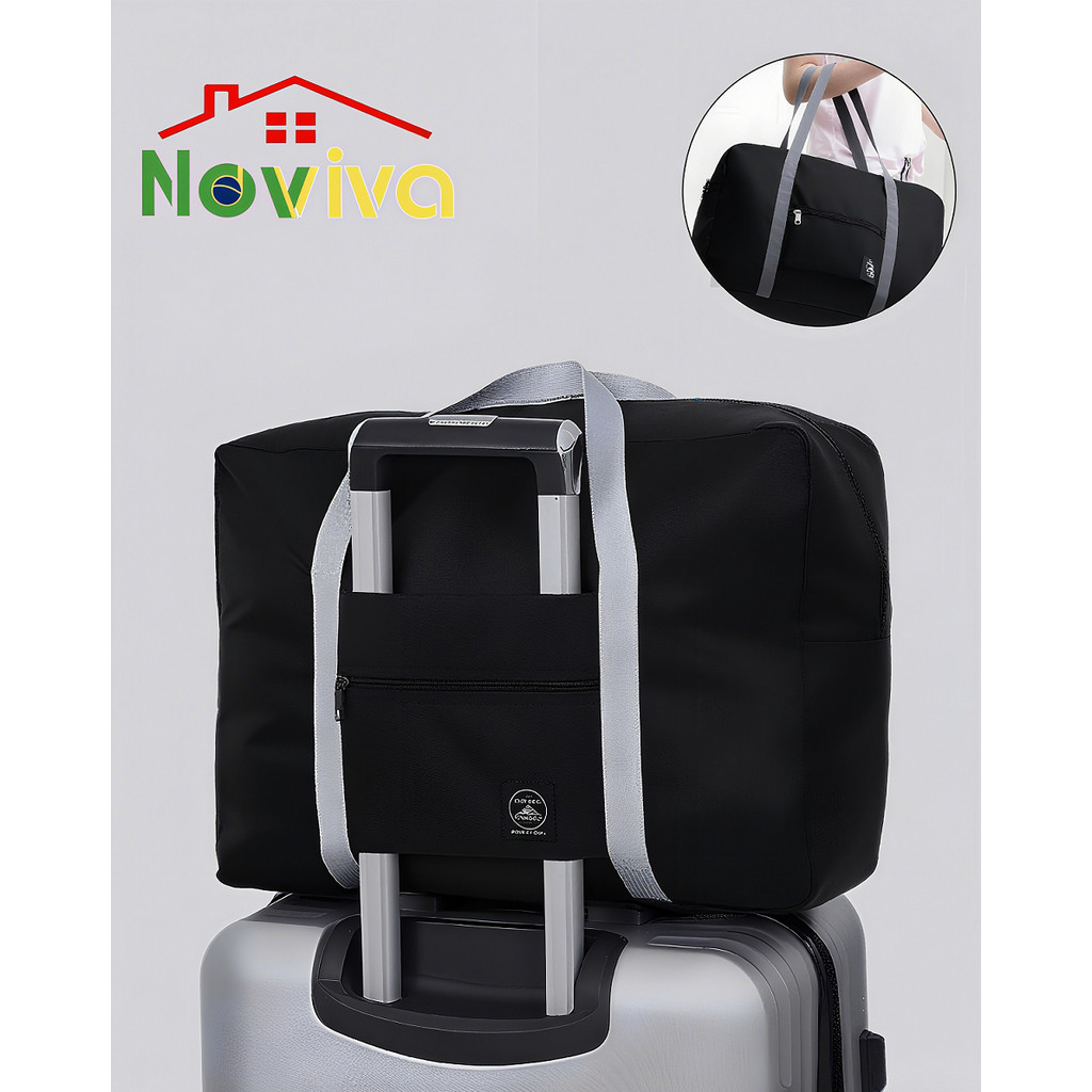Bolsa de Viagem Dobrável Preta com Alça, Bolso Frontal e Encaixe para Mala de Rodinhas