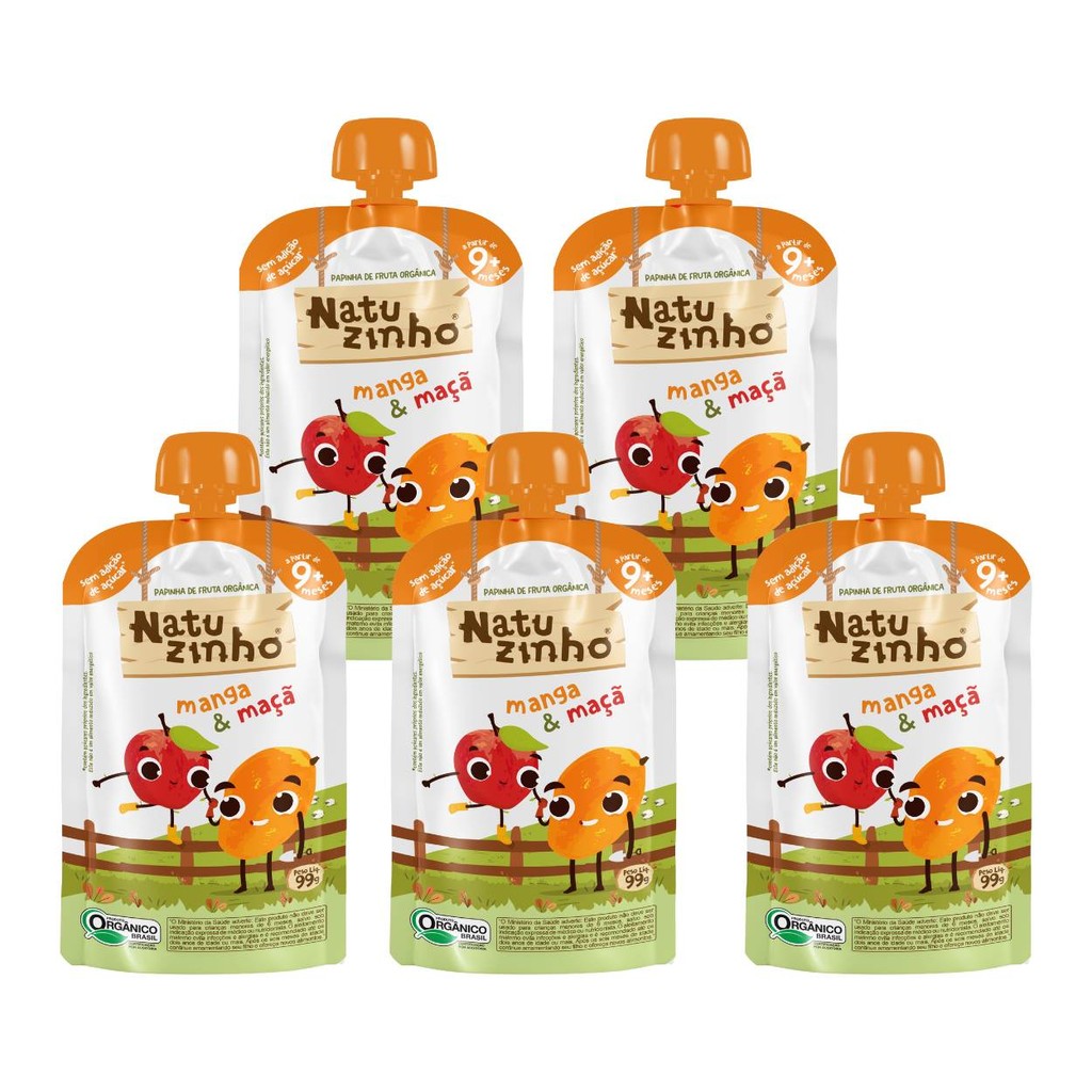 Kit Papinha Organica Natuzinho Manga Maça Bebe 5 unidades