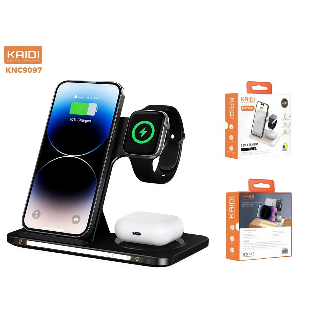 Carregador por Indução Sem Fio 3 em 1 com Luz LED Compatível com iPhone, Apple Watch e AirPods KAIDI