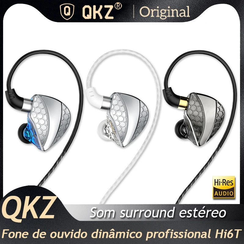 QKZ-Hi6T Auscultadores HiFi, Driver Dinâmico, Auscultadores IEM Stereo Surround Música, Hi-Res com Microfone, In-Ear,