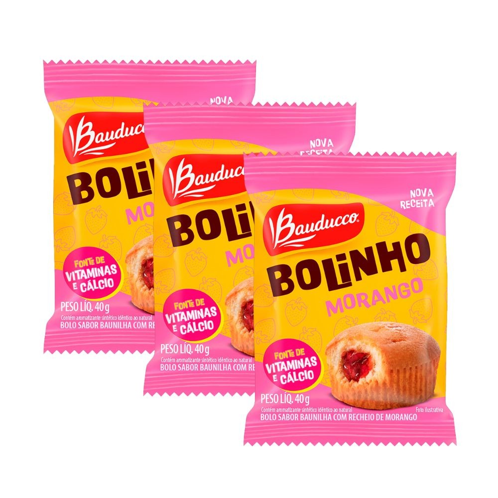 Kit 3 Bolinho Bauducco Sabor Baunilha com Recheio de Morango 40g