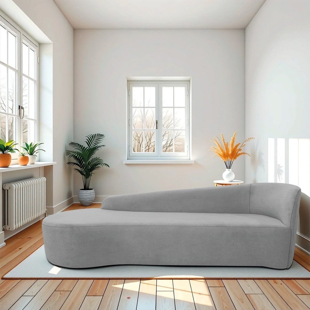 Recamier Curvo Orgânico 200cm 3 Lugares Lado Esquerdo para Sala de Estar em Linho Paris Cinza Claro Cinza/Claro