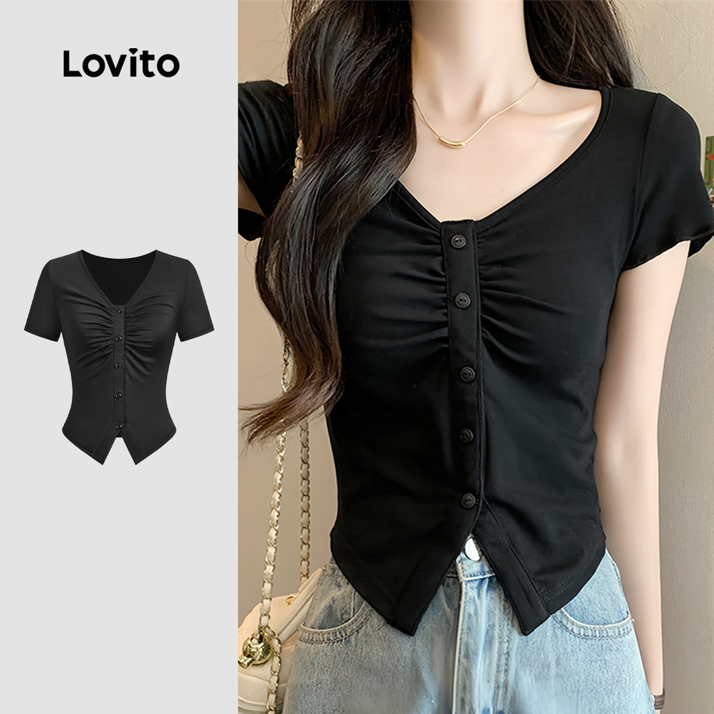 Lovito Camiseta Casual Preta Com Botões Frontais Para Mulheres Ideal Para a Primavera/verão L149ED003 em Oferta na Shopee