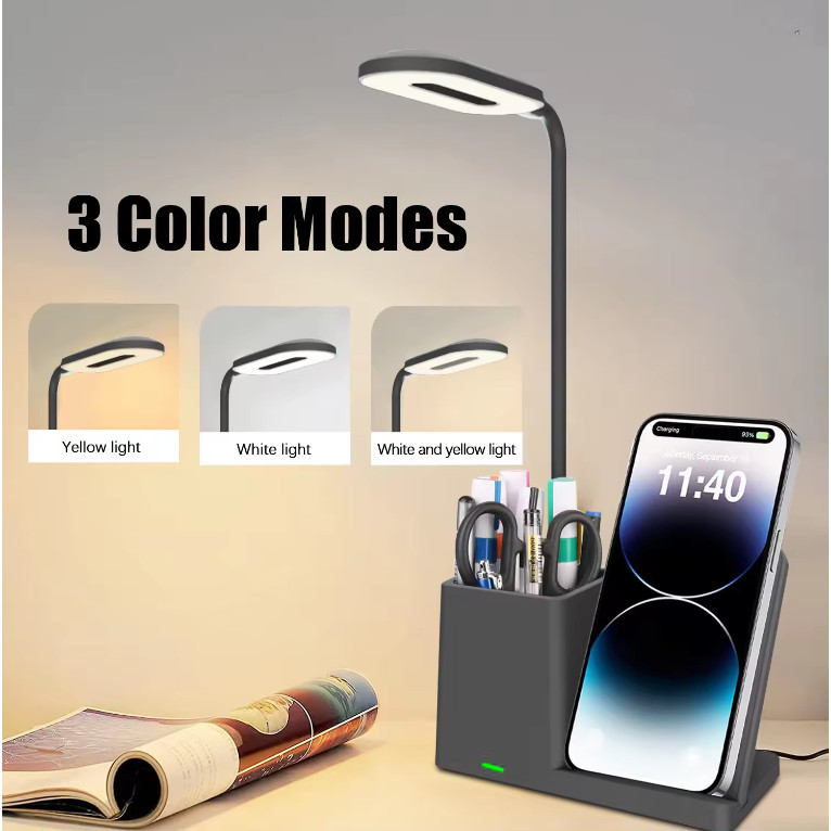 Luminária de Mesa LED 5W Com Porta Caneta e Carregador Sem Fio 3 Cores Luz