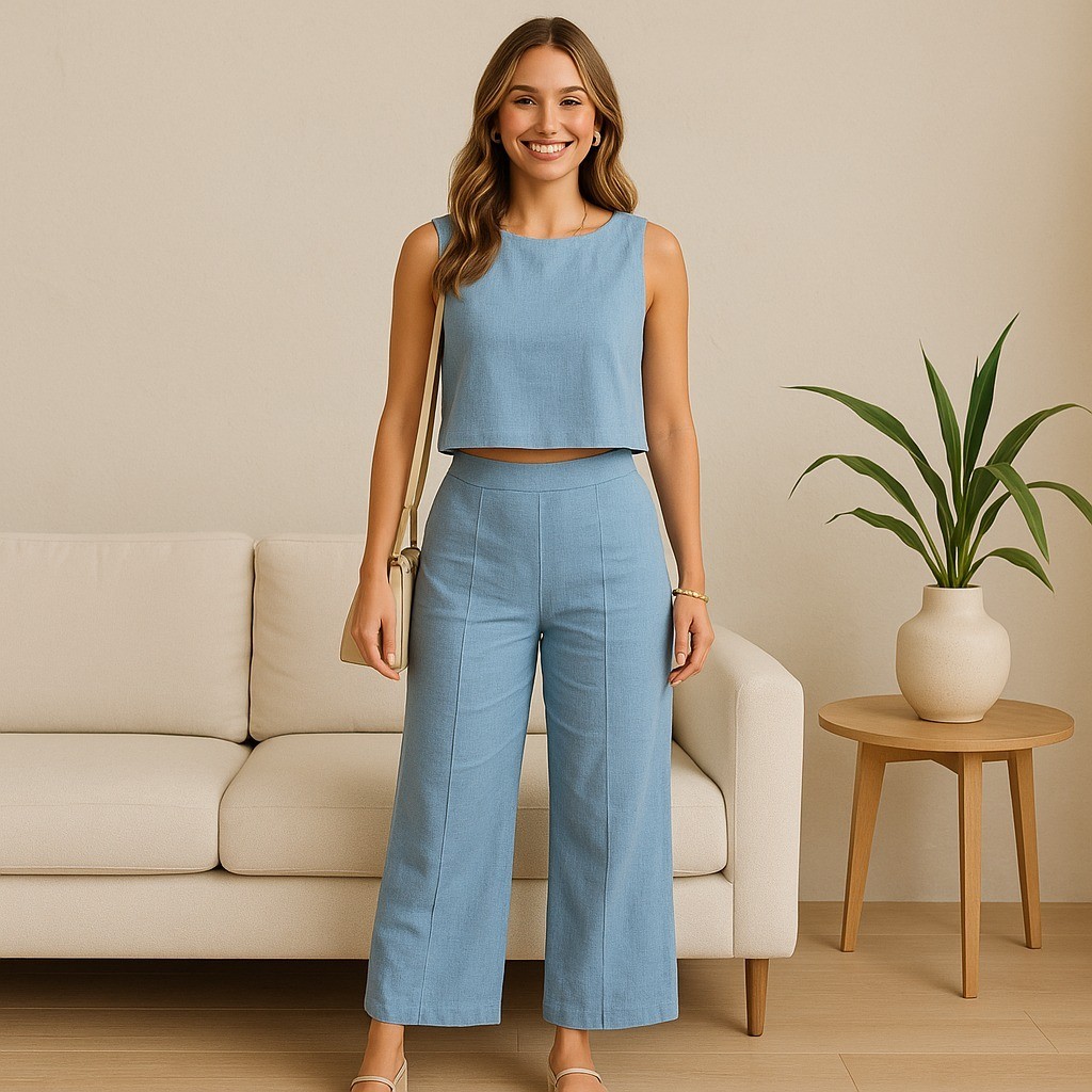 Conjunto Linho Feminino Pantalona e Blusa Regata Elegante Fresco e Versátil
