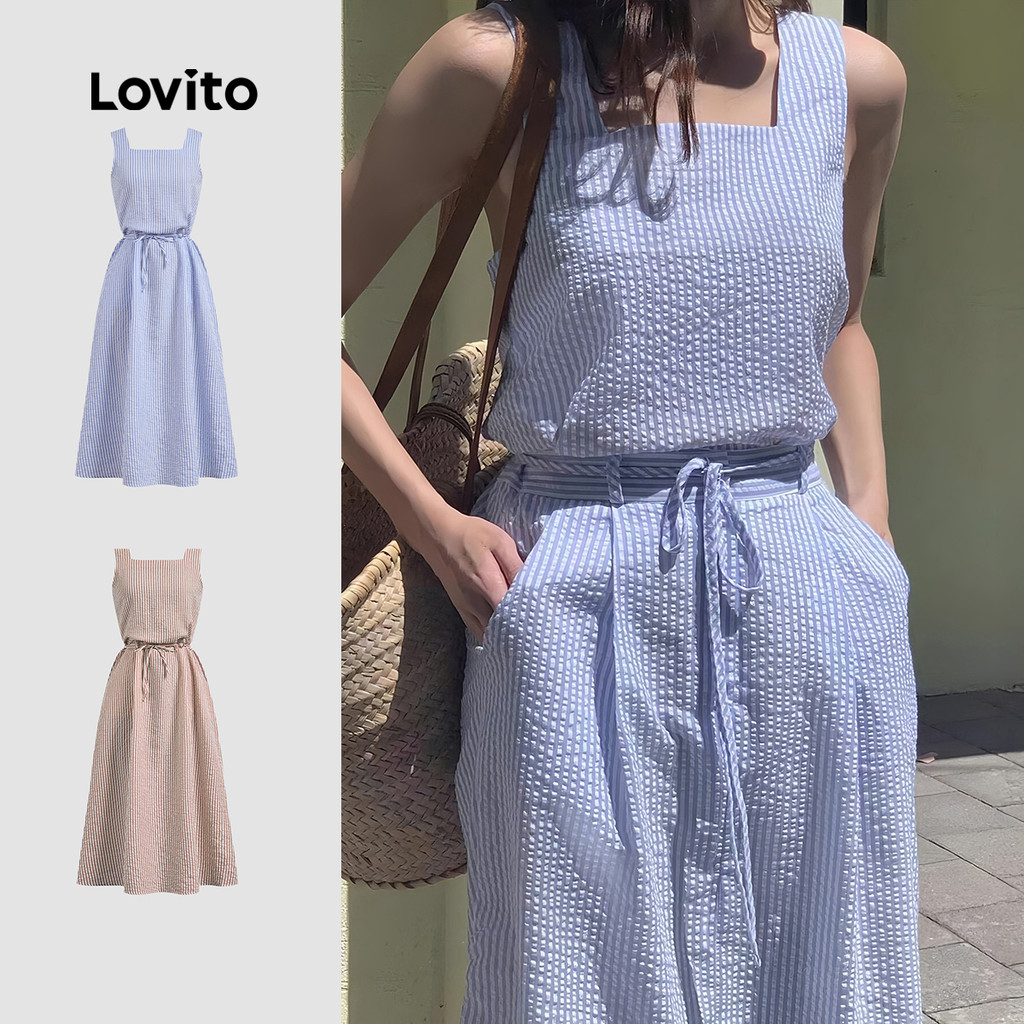 Lovito Vestido Casual de Primavera/verão Azul com Bolso e Cinto para mulheres L142LD431 em Oferta na Shopee