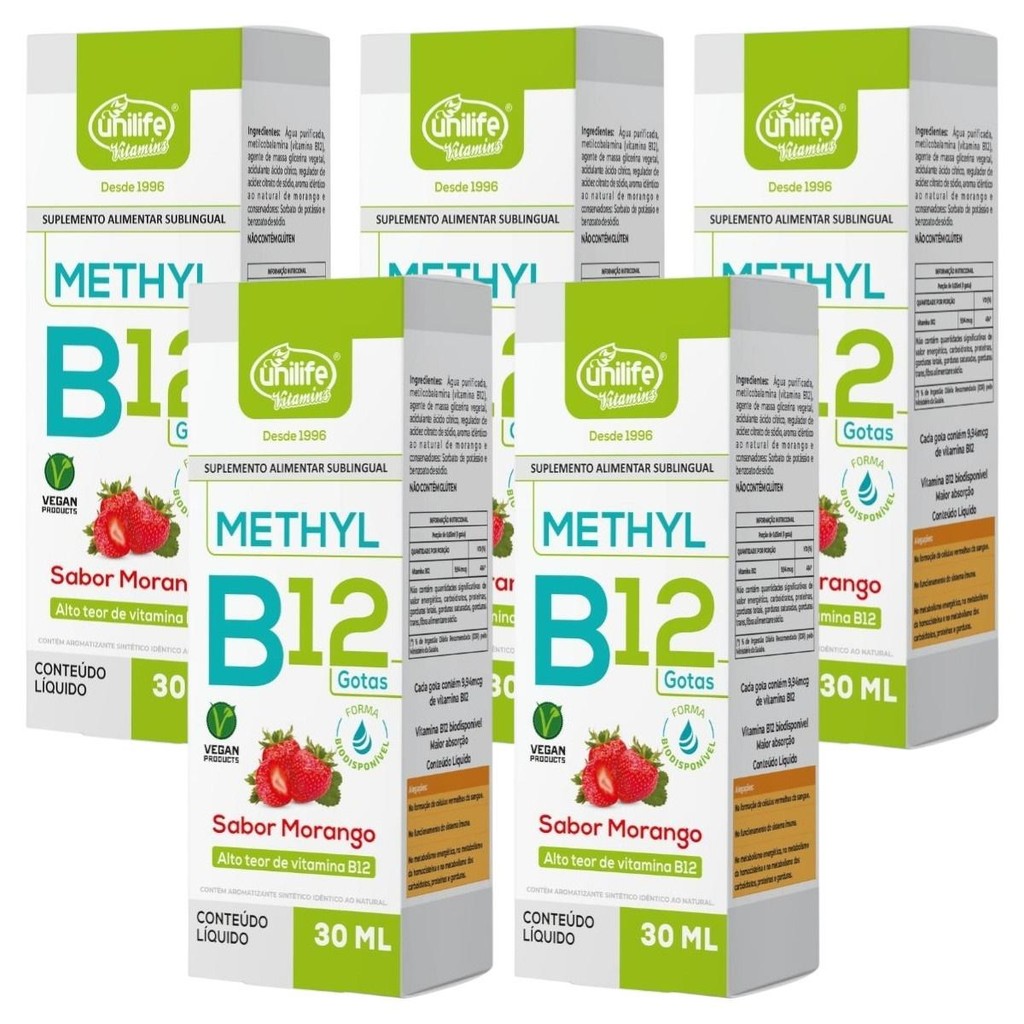 5Uni Líquido Methyl Vitamina B12 Sabor Morango De 30ml Cada