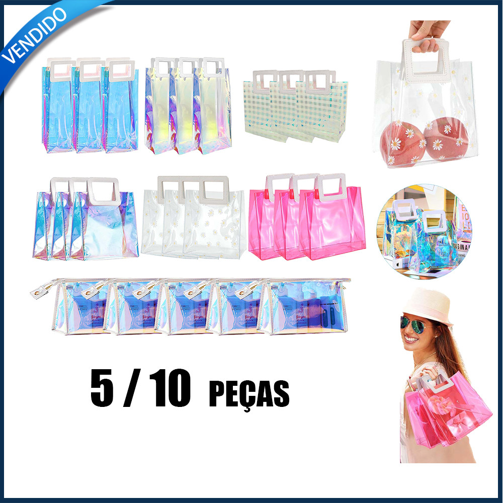 5/10 Sacos De Presente De Plástico PVC Transparente Reutilizável Com Alças Transparentes Para O Dia Dos Namorados