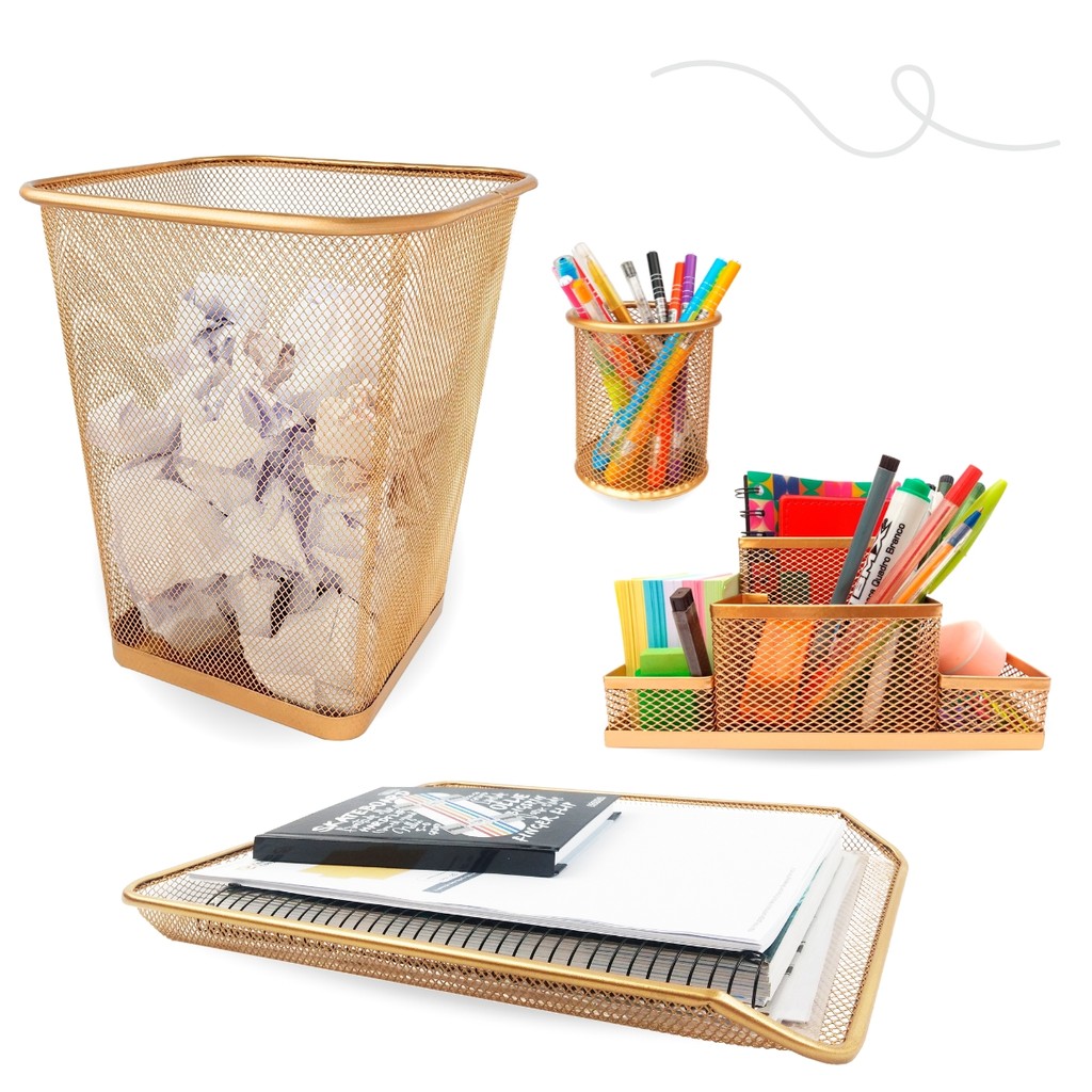 KIT LIXEIRA RETANGULAR PORTA CANETA ORG DE MESA E BANDEJA DOURADO