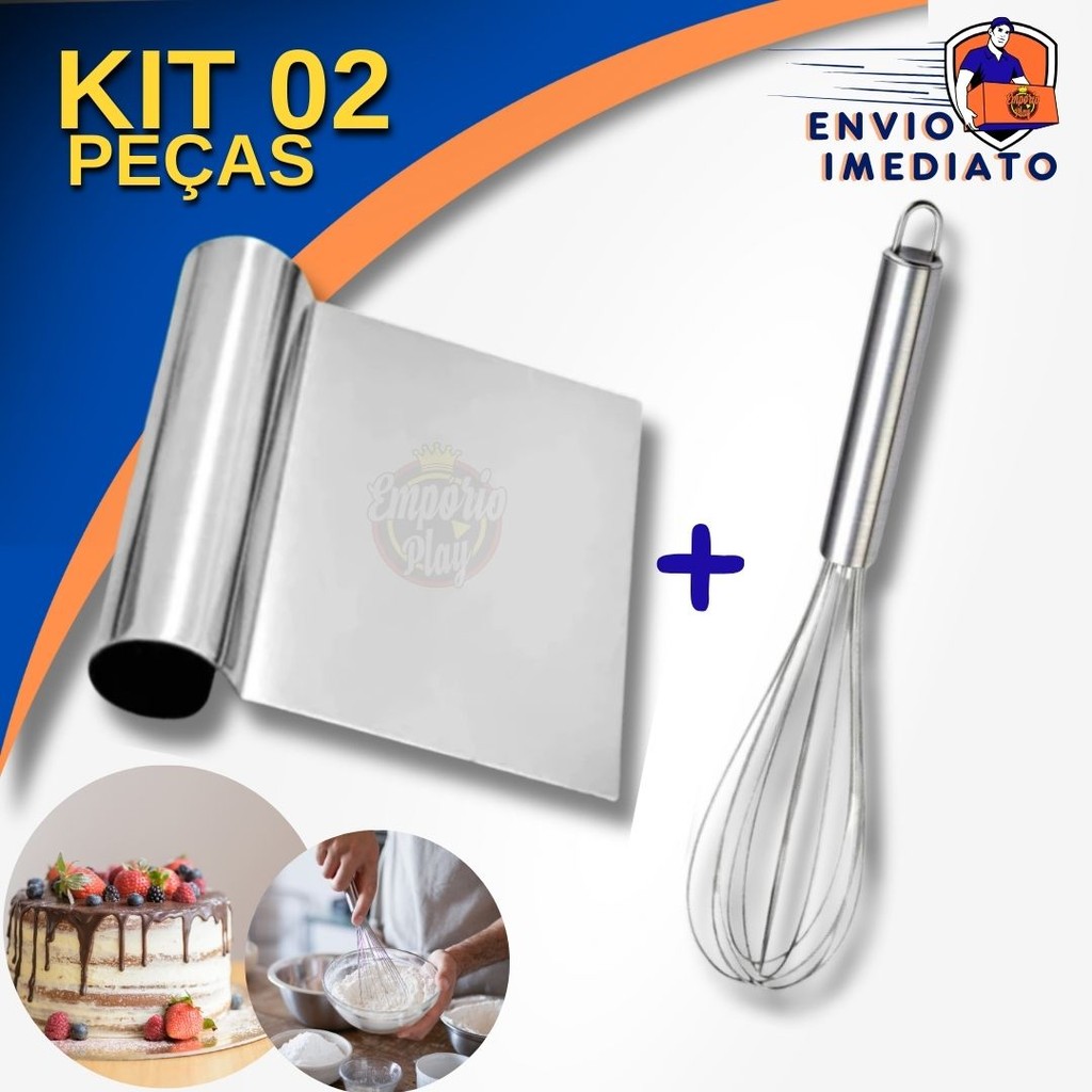 Kit 2 Peças: Fouet Batedor de Ovos Inox + Espátula Tubular Raspador Cortador de Massa Cozinha Confeitaria