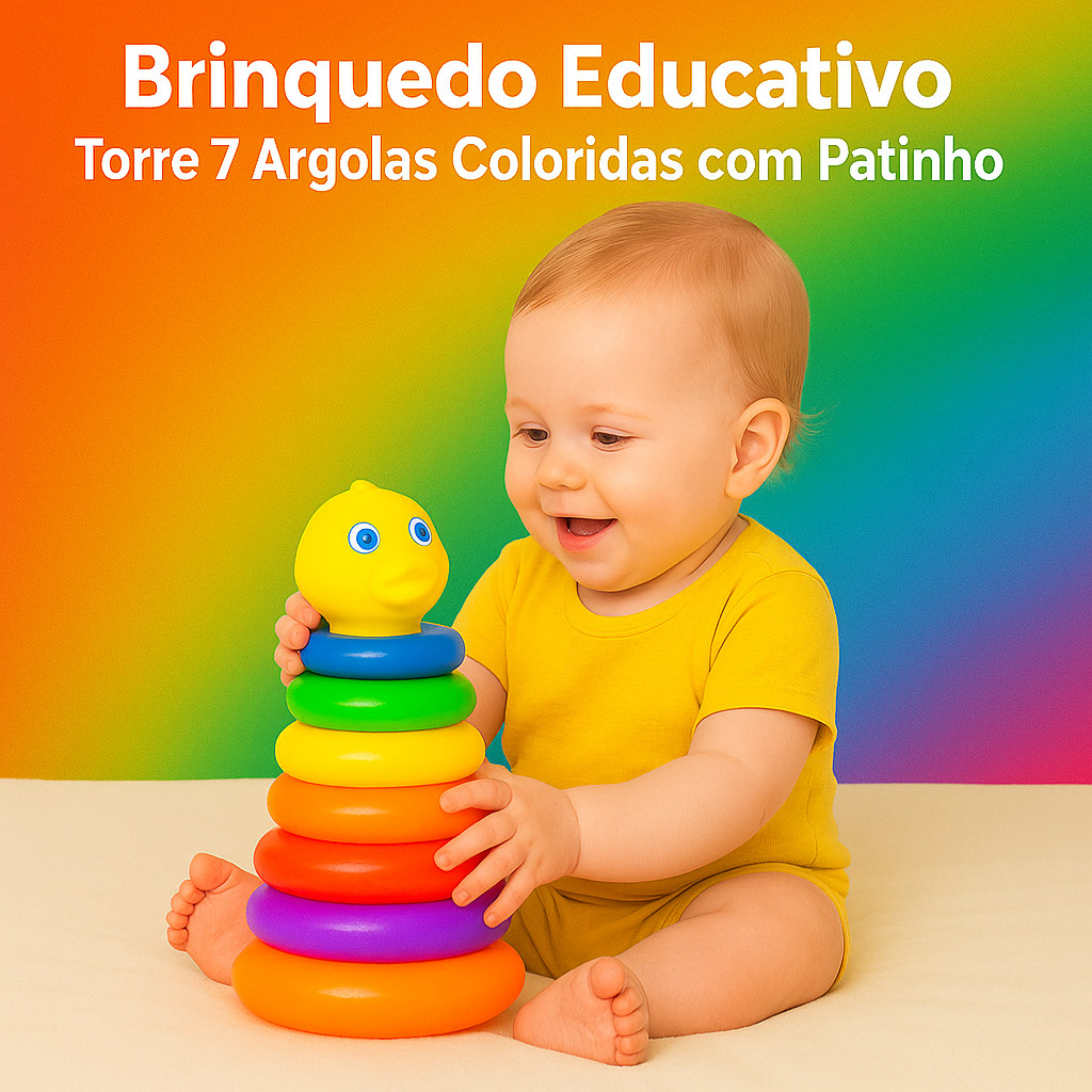 Brinquedo Educativo Infantil Argolas Coloridas com Patinho ou Peixinho Coordenação e Diversão
