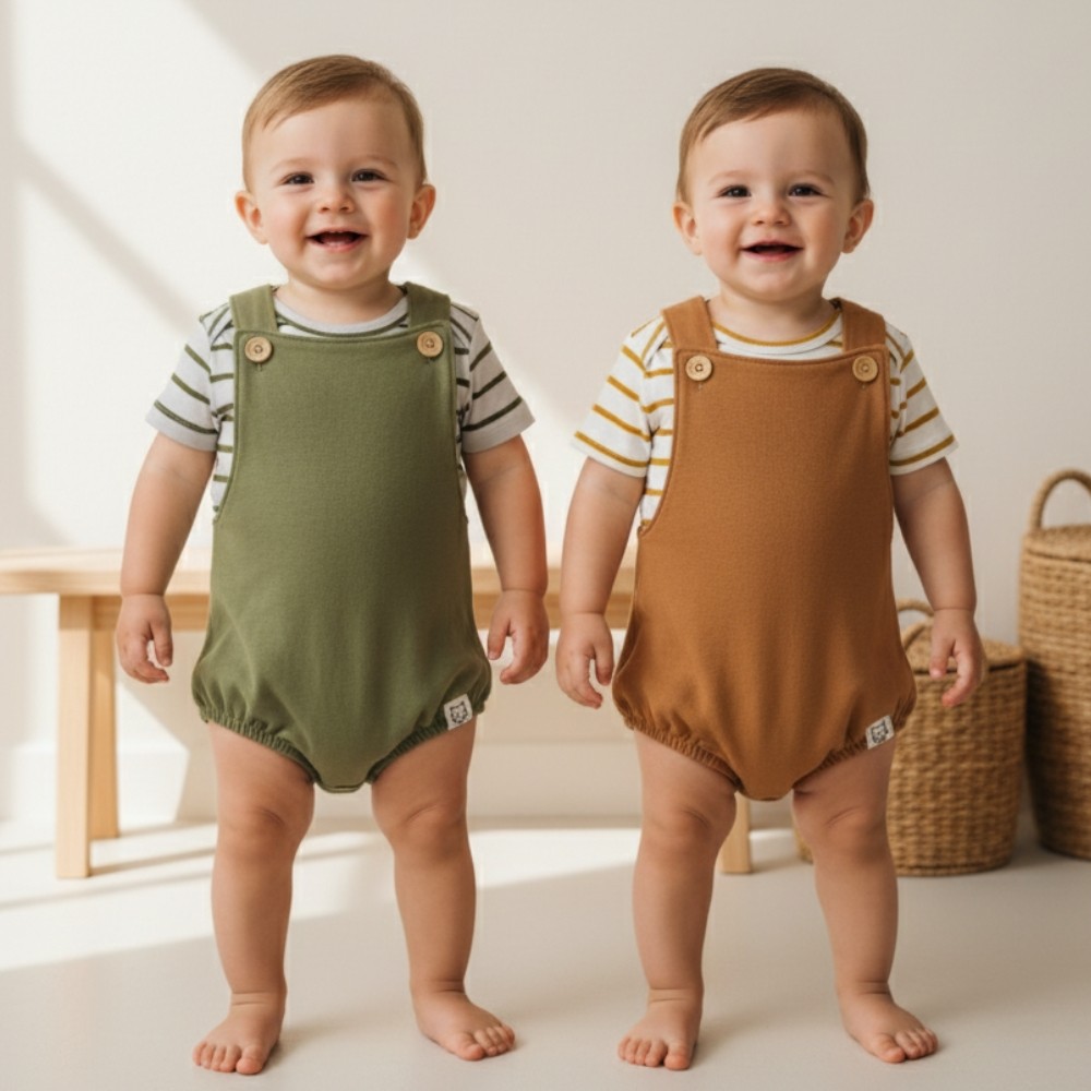 Conjunto Bebê Menino Macacão Molecotton Verde ou Caramelo + Body Listrado Suedine Premium Algodão Verão